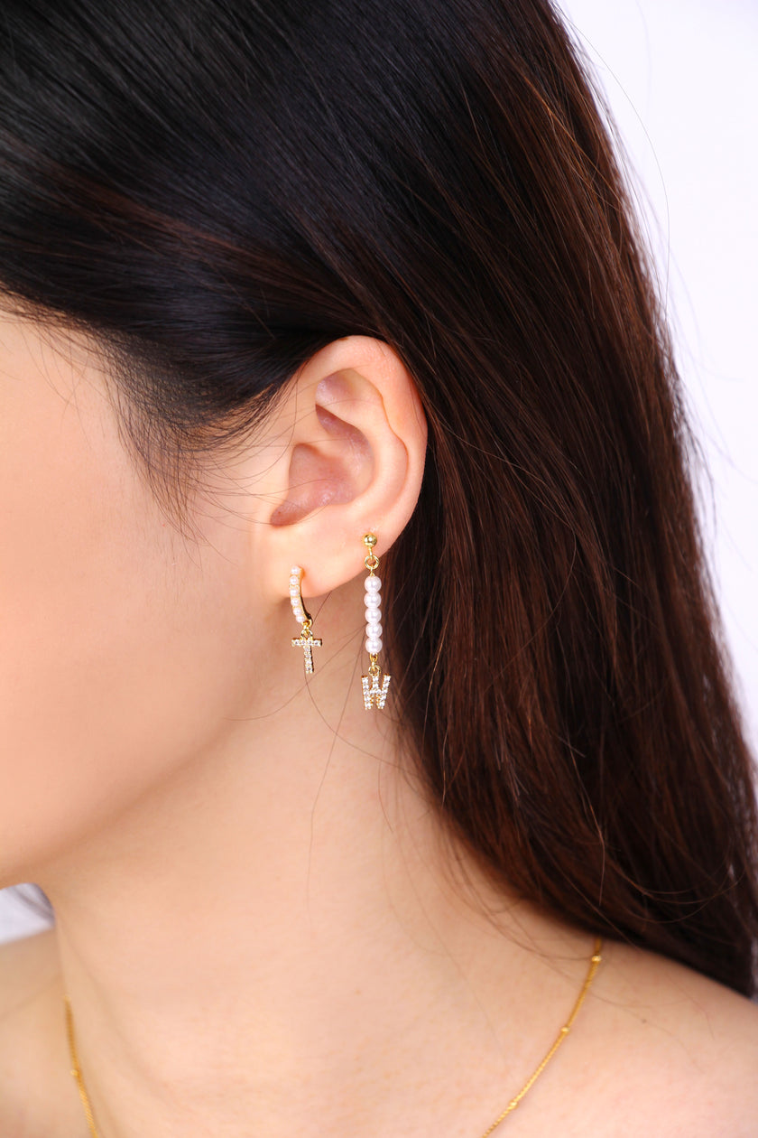 Pearl Initial Hoop Earring